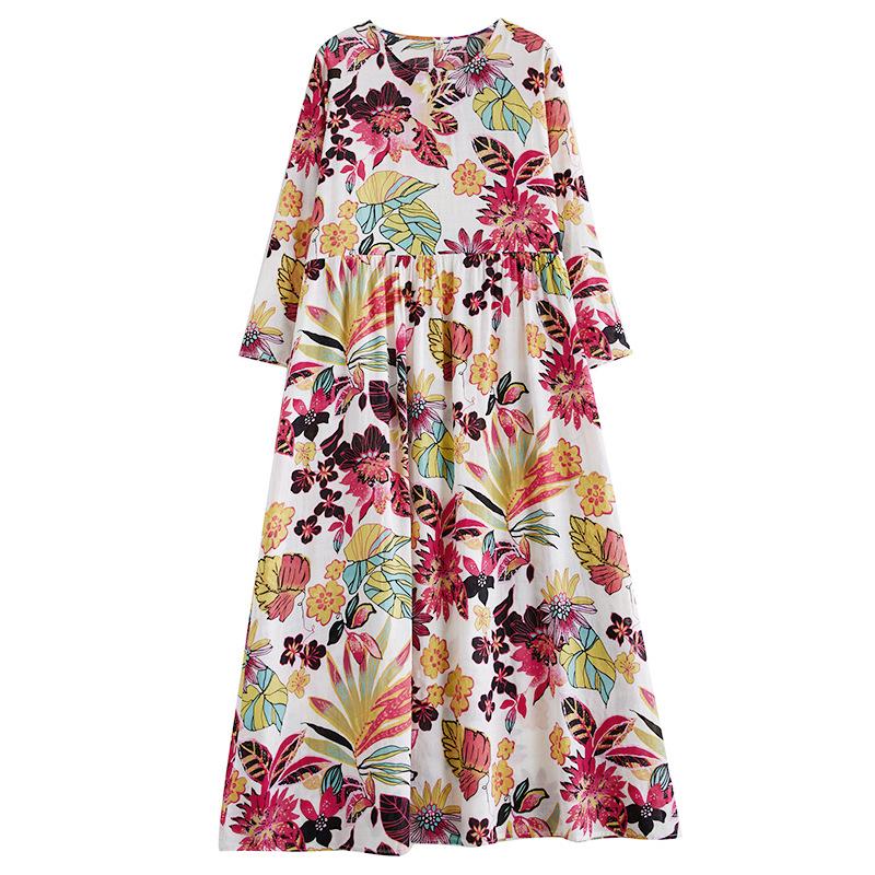 2024 Early Autumn Floral Print Retro Cotton Linen Maxi Dress