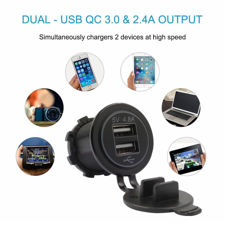 Waterproof Dual USB Charger Socket Power Outlet 2.4A & 2.4A (4.8A) with Wire In-line 10A Fuse for Car Boat Marine Motorcycle RV Truck Camper Vehicles
