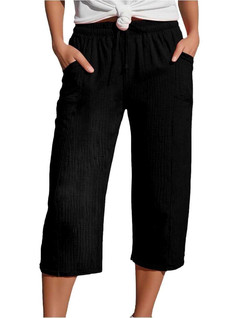 Women's Solid Color Cotton Linen Wide-Leg Drawstring Pants, Casual Seven-Point Length for Spring and Autumn