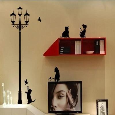 Creative DIY Popular Ancient Style Lamp Cat and Bird Wall Sticker Cartoon Mural Home Decoration Room Childrens Decal Wallpaper
