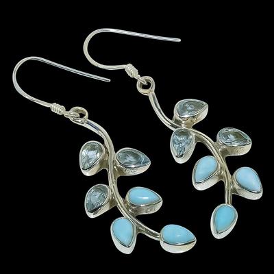 Natural Republic Larimar Kamień Szlachetny Ręcznie Robiony Kolczyk z Solidnego Srebra Próby 925 1,75" l6b77