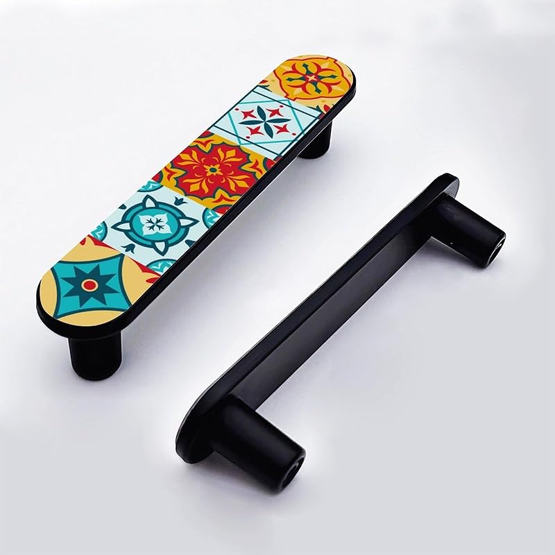 4 шт. в упаковке: мексиканская талавера португальская азулежу традиционная ручка для шкафа 3-3/4 дюйма (96 мм) Отверстие в центре черные ручки для шкафа уникальные ручки для ящиков ванная комната