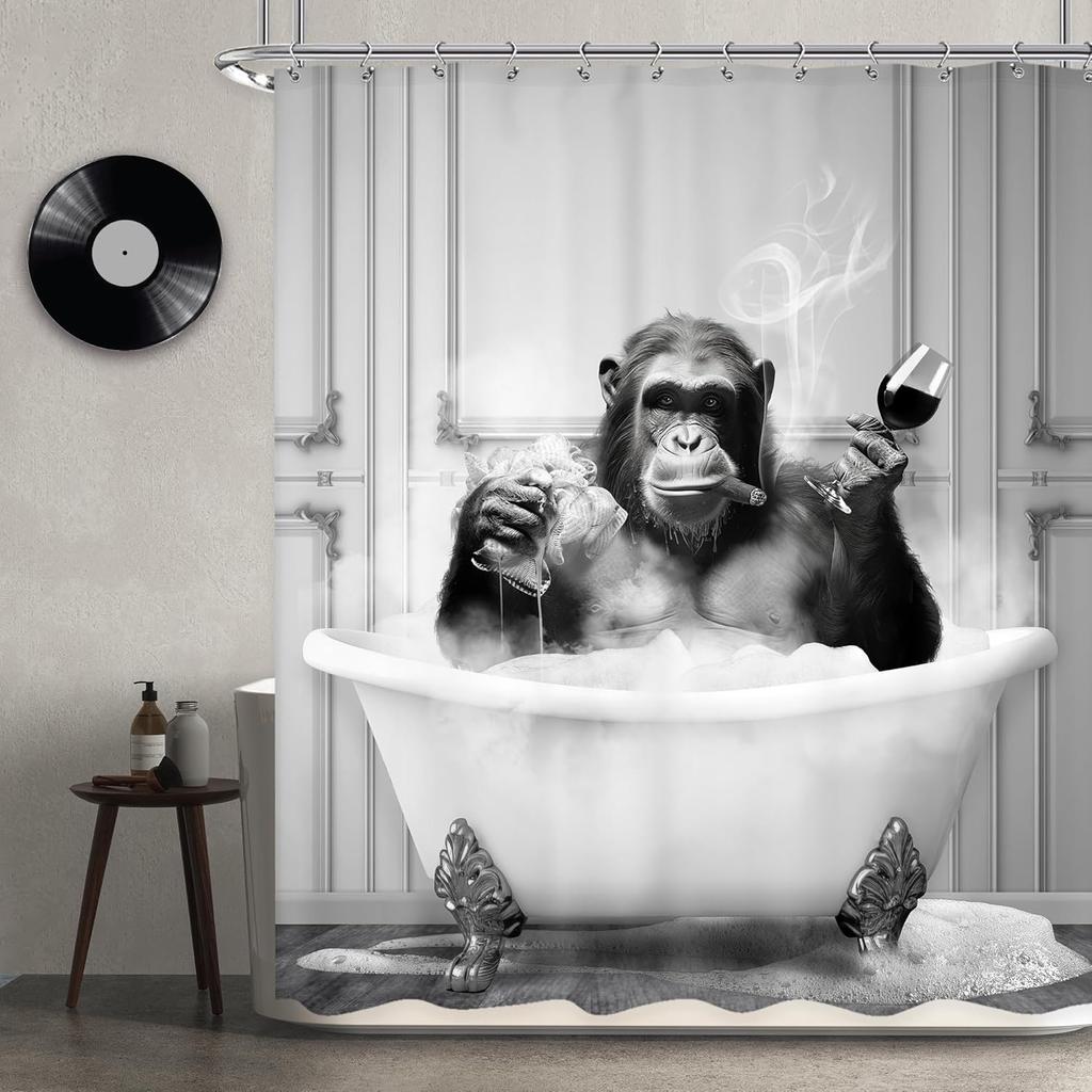 Funny Monkey Shower Curtain Meditation Zen Spirit Animal Chimpanzee Lotus Leaves Plant Bamboo Nature Bathroom Modern Waterproof