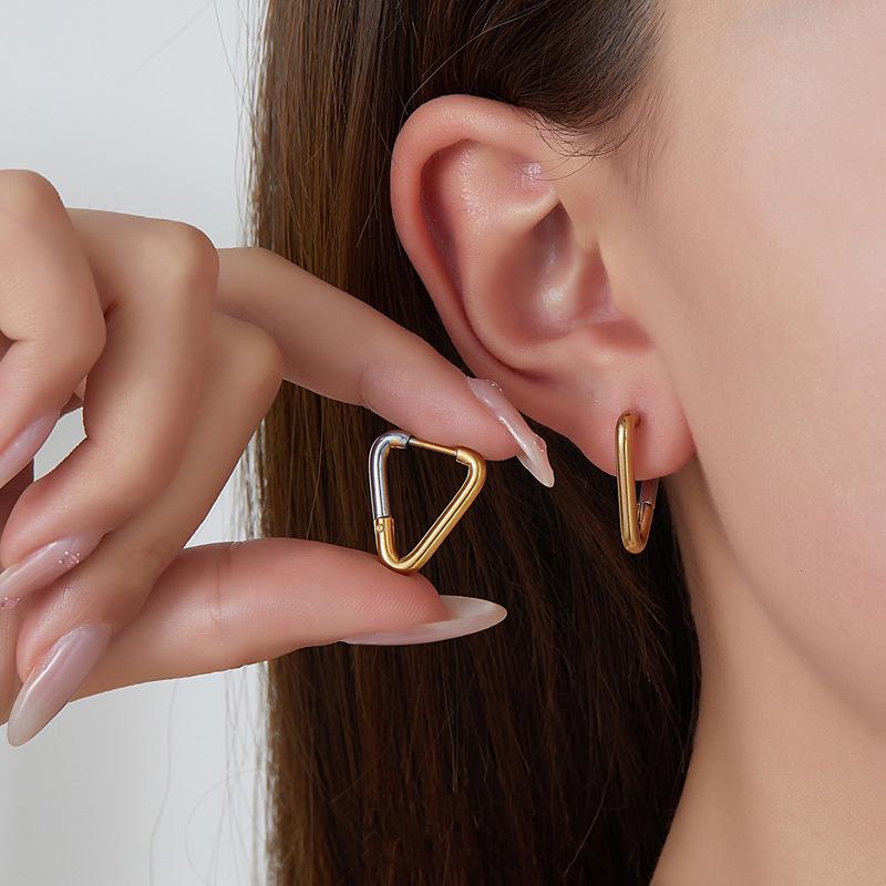 Stainless Steel Heart Hoop & Triangle Earrings with Five-Pointed Studs - Elegant Stackable Design