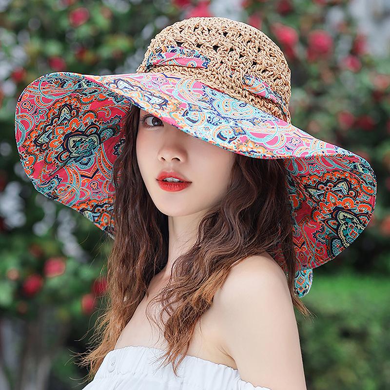 Wide Brim    Design Flower Big Beach Hat Foldable Brimmed Sun Hat Summer Hats For Women Uv Protection Fisherman Cap