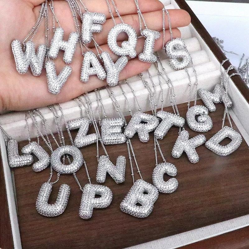 CZ Zircon Chunky Bubble Letters Pendant Necklace for Women Men Silver Color Initial A-Z Letter Necklace Charm Jewelry