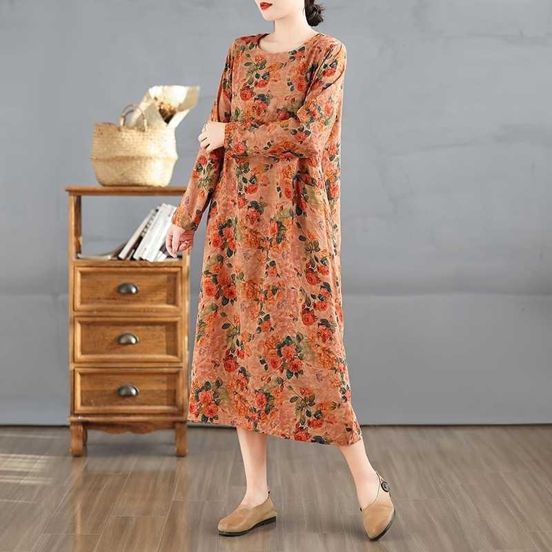 2025 Vintage Printed Round Neck Long Sleeve Patchwork Loose Plus Size Long Dresses