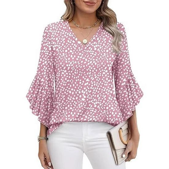 2026 Spring/Summer Retro Loose Floral V-neck Bell Sleeve Women s Shirt L розовый