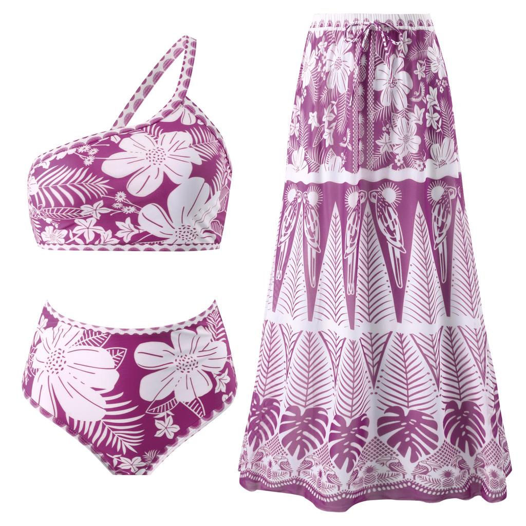 European and American Retro Ethnic Bohemian Bikini Mesh Round Skirt Three-piece Vacation Beach Multi-color Swimsuit Women