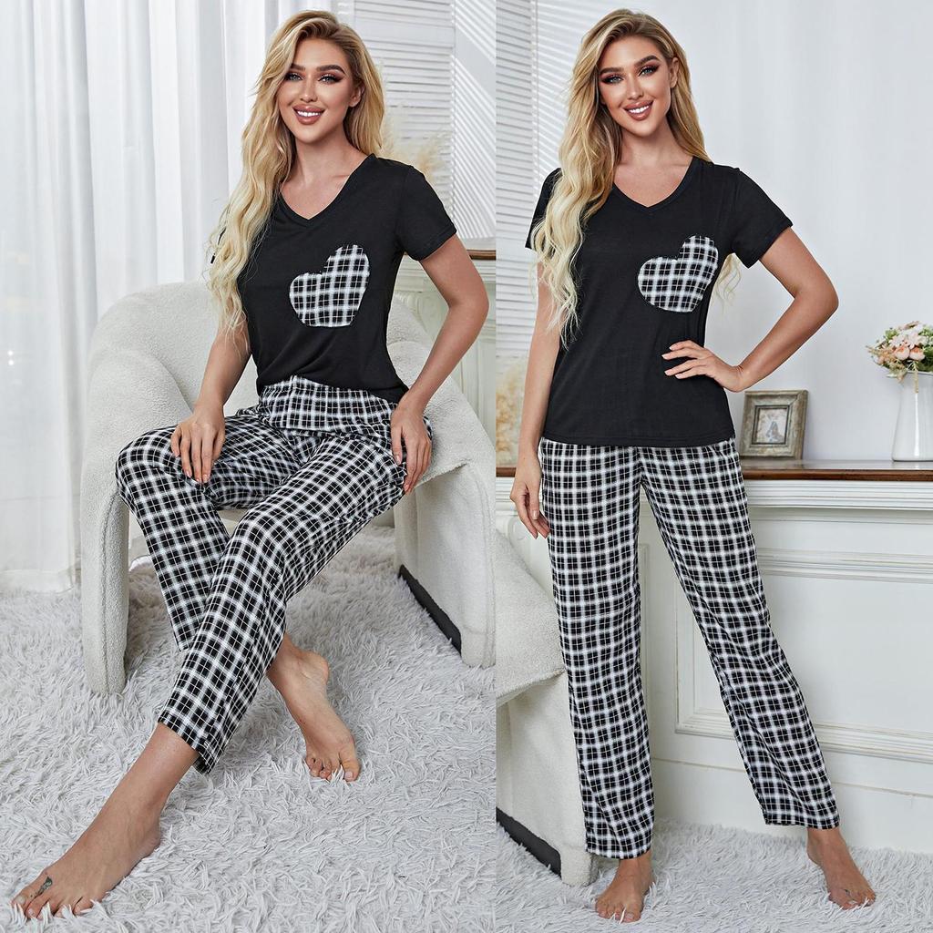 Summer Sleeping Suit for Women 2 Pieces Pajamas Set V Neck Short Sleeves Heart Printed Shirts and Plaid Long Pants Leisure Home Wear Nighty