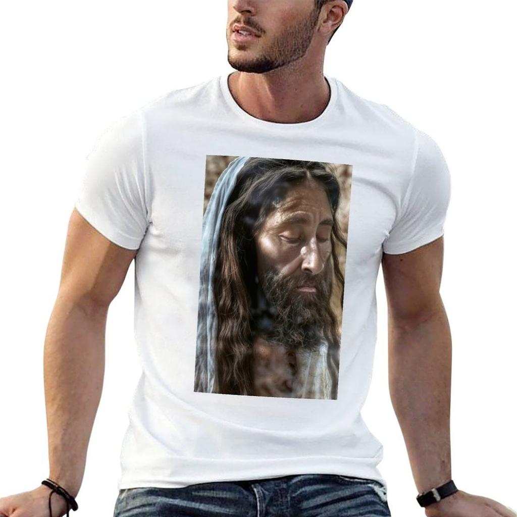 Illuminated Holy Contemplation: A Nighttime Jesus Portrait T-Shirt man t shirt cotton high qual