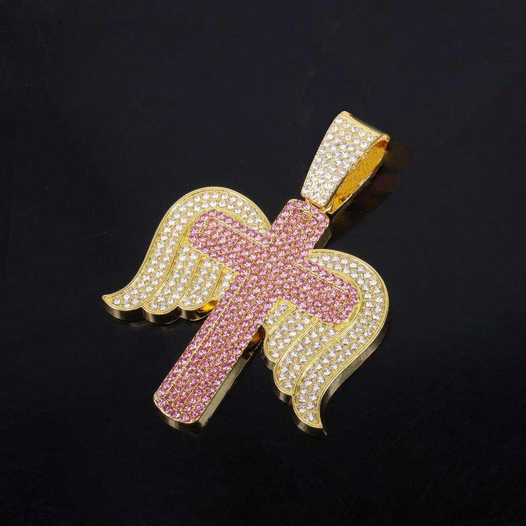 Alloy Necklace Men Trend Cross Angel Wings Pendant, Stylish Full Rhinestone Cool Hip Hop Jewelry