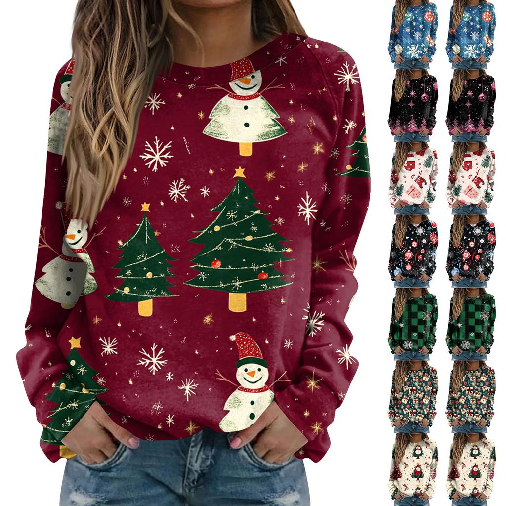 Women's Fashion Casual Long Sleeve Christmas Printed Neck Sweatshirt Top