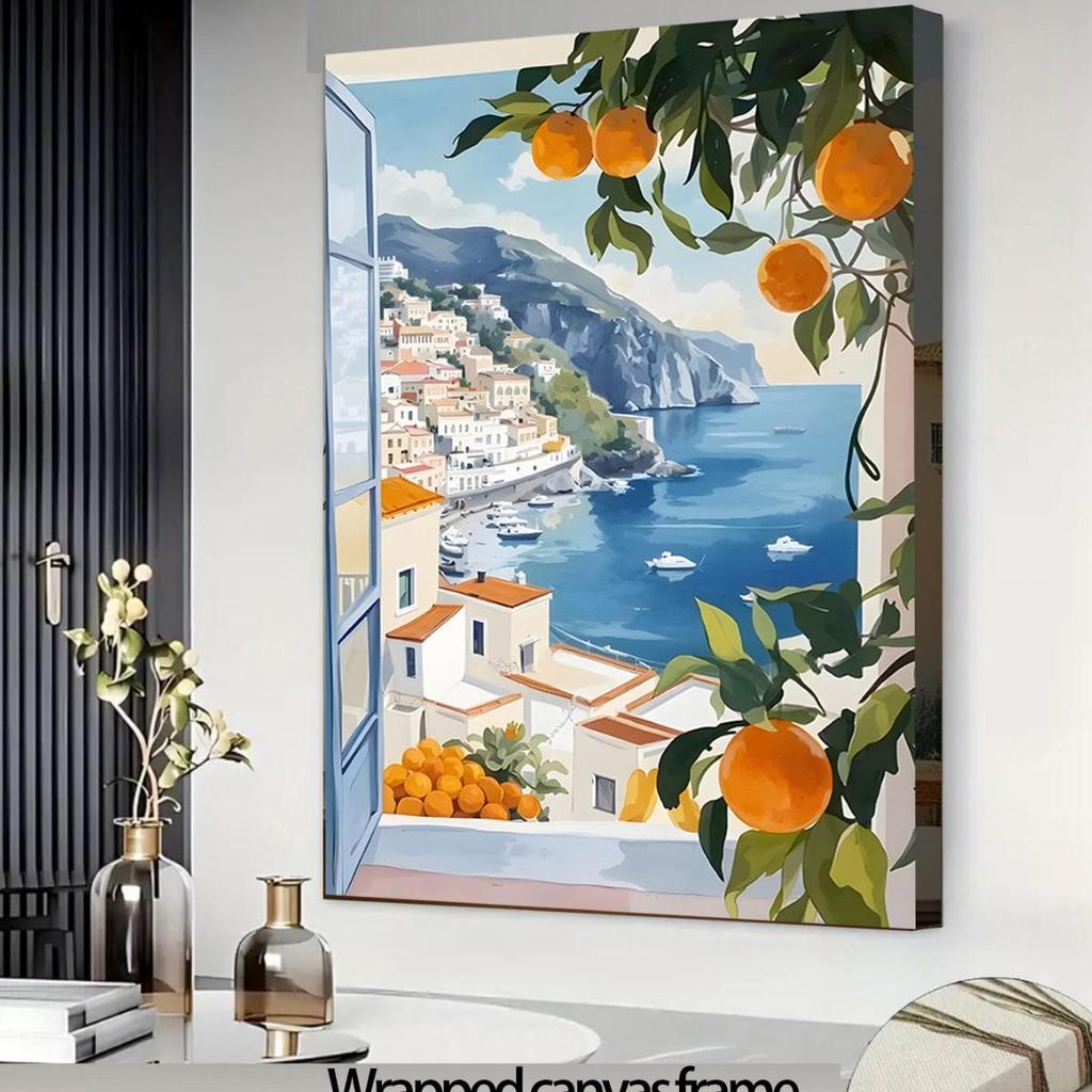 Modern Coastal Landscape Wall Art: Lemon Med Scenery Window Frame Design for Living Room & Bedroom