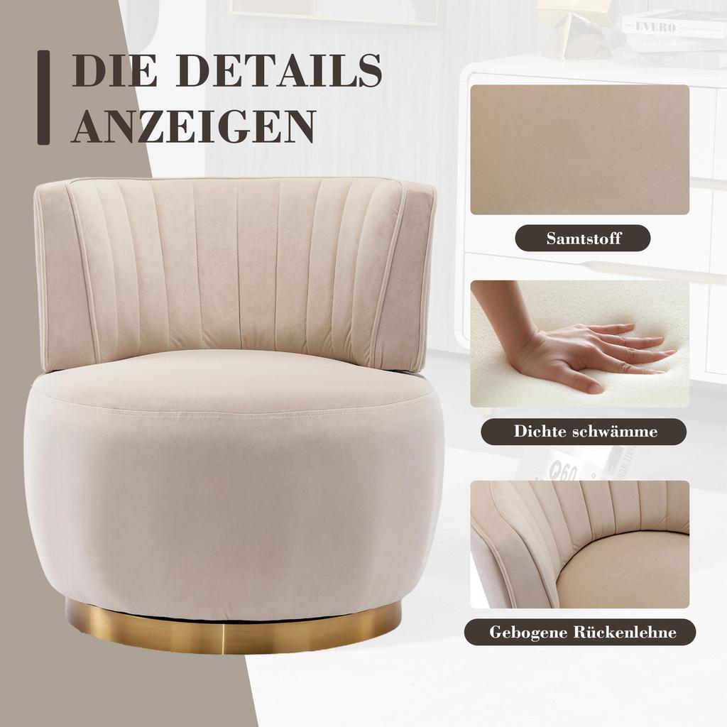 Silla Giratoria Moderna de 360 Grados, Acabado Suave de Terciopelo, Respaldo, Estructura Estable, Sillas Tipo Barril, Adecuada para Sala de Estar Dormitorio Estudio, Beige