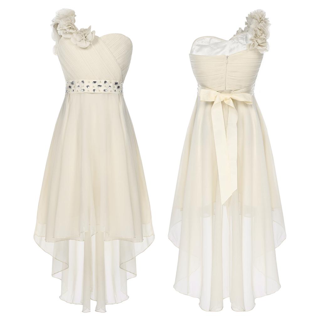 Mädchen Kleid mit Blumenmuster, Chiffon, für Hochzeit, Brautjungfer, asymmetrischer Saum, Festzug, Abschlussball, Ballkleid