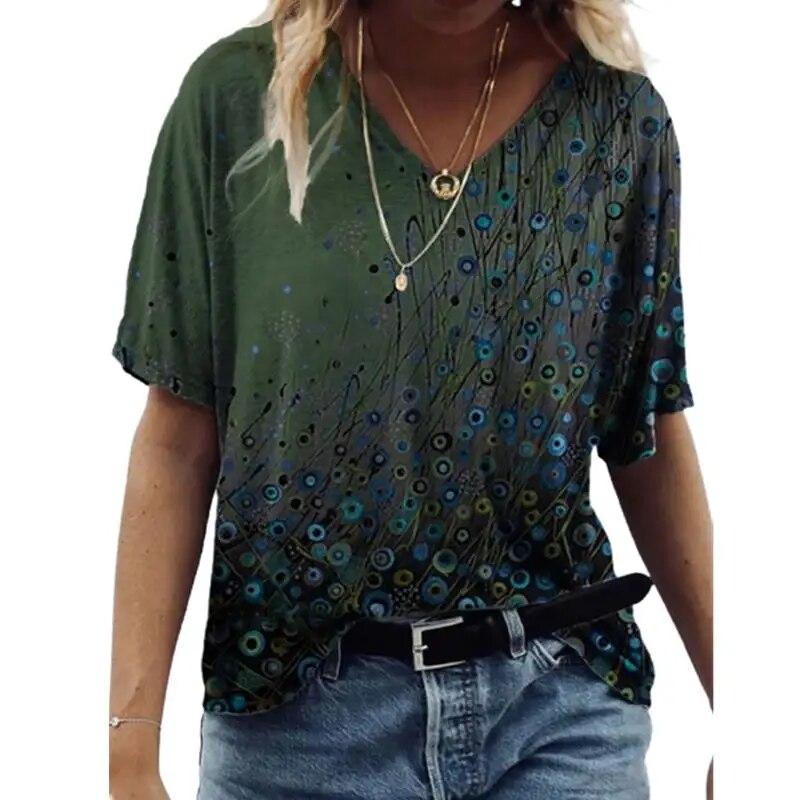 Women's T Shirts V-neck 3d Art Print Tops Loose Short Sleeve Tees Summer Streetwear Fashion Casual  Oversized Female Clothing