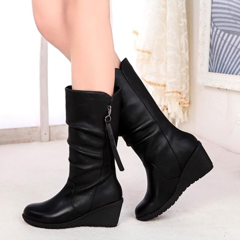 Fashion Black Round Toe Elegant Heeled Women's Half High Boots Autumn Winter Leather Comfortable Fashion 2025 Hot Ladies Mid Calf Shoes