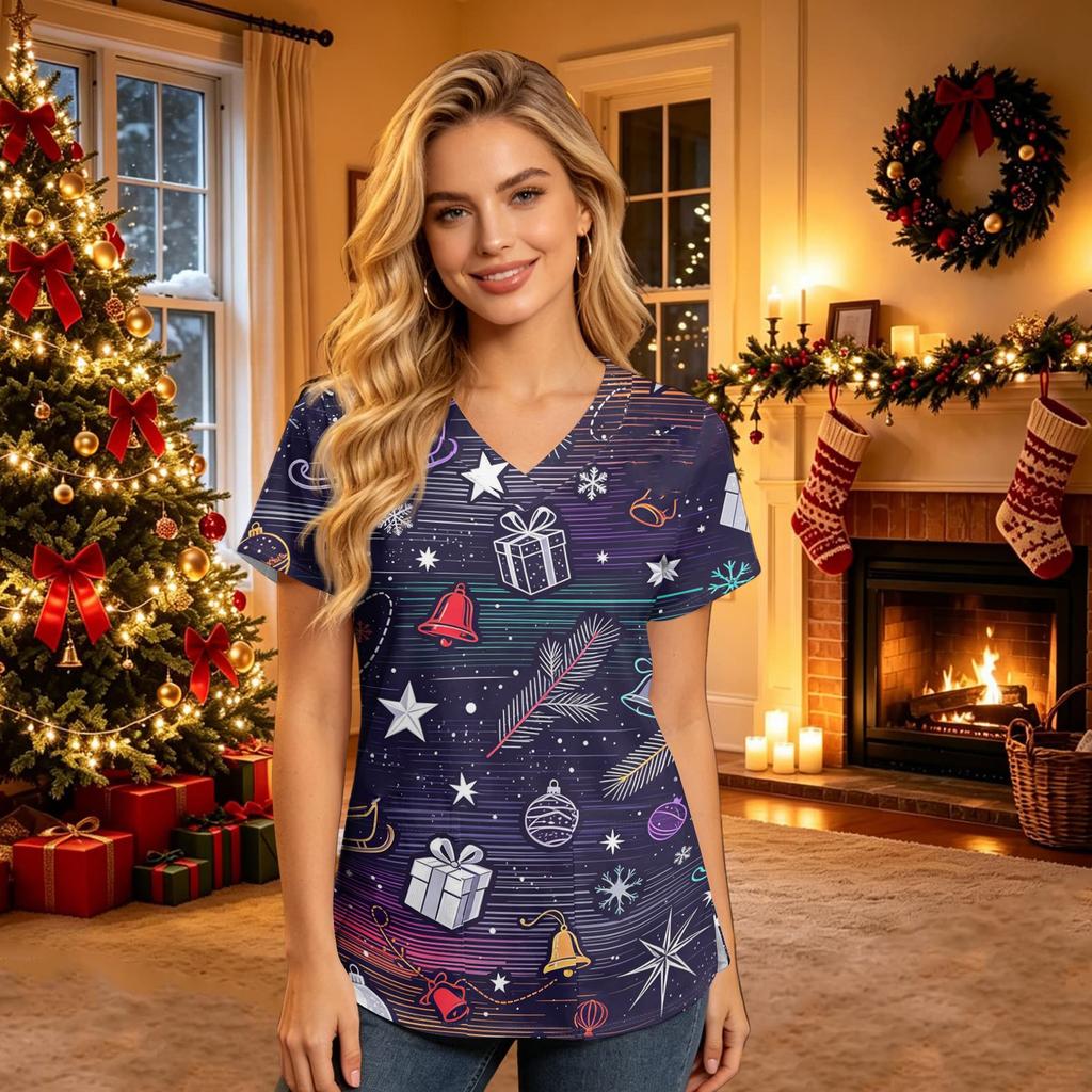 Women's V-Neck Short Sleeve Work Top with Pockets Christmas Printed Caregiver Uniform
