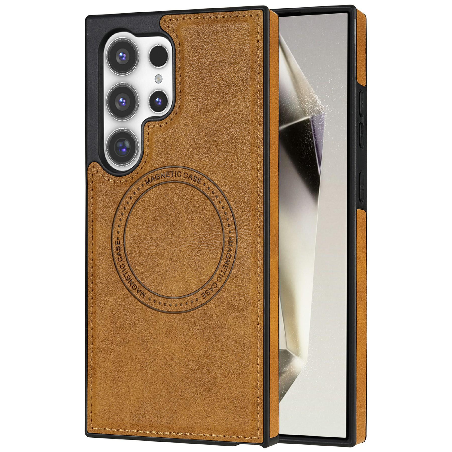 

CSJ-P3 For Samsung Galaxy S24 Ultra Case Compatible with MagSafe PC+TPU+Leather Back Cover Brown