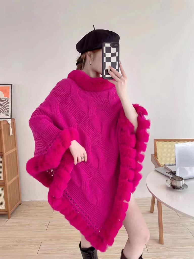 New Imitation Rabbit Fur Solid Color Pullover Cape Sweater Women'S Shawl Pullover Knitted Sweater