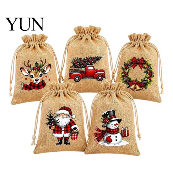 Christmas Party Favor Bags Jute Burlap Gift Bags, Drawstring Treat Candy Reusable Bag, Linen Packaging Pouch for Holiday Favors Theme Materials