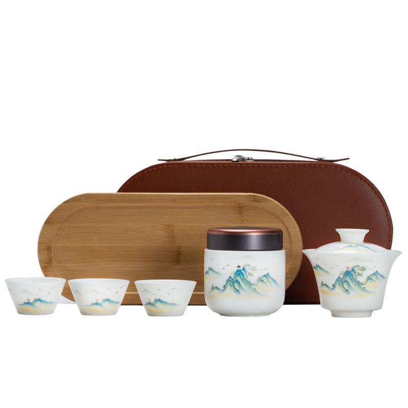 Suet jade white porcelain portable travel tea set small set kung fu cover bowl express cup one pot three cups with tea can