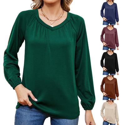 2024 European And American Autumn And Winter New Item Solid Color V-Neck Loose Long Sleeved T-Shirt Casual Top For Women