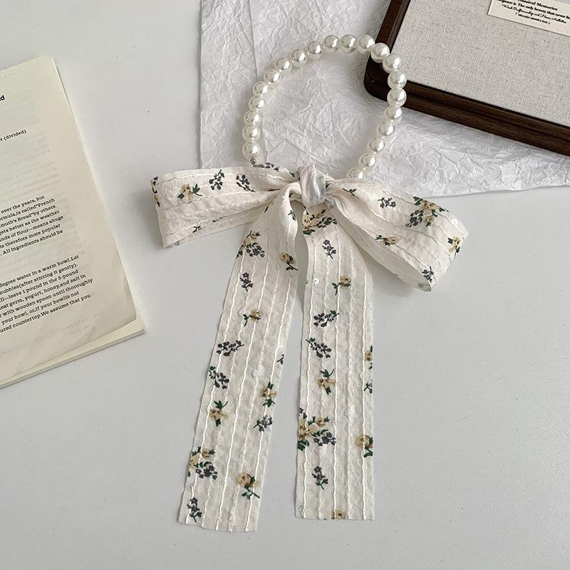 Silk Scarf Long Strip High-end Floral Pearl Necklace Small Scarf Streamer Hair Rope Silk Scarf Bag Winding Floral Headscarf