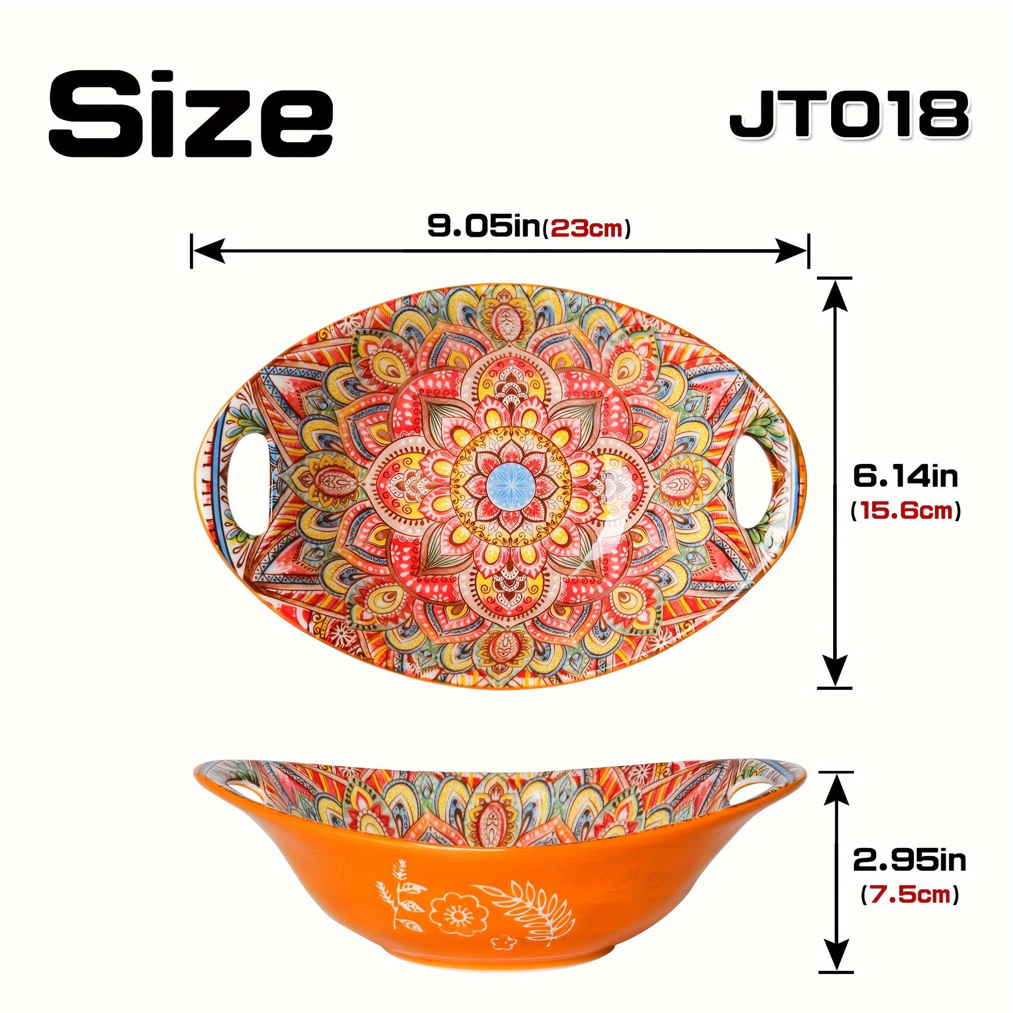 

1 шт., набор керамических салатниц в богемском стиле с цветочным узором и двумя ручками, безопасен для использования в микроволновой печи, штабелируется для супа, макаронных изделий, хлопьев, фруктов, витрины