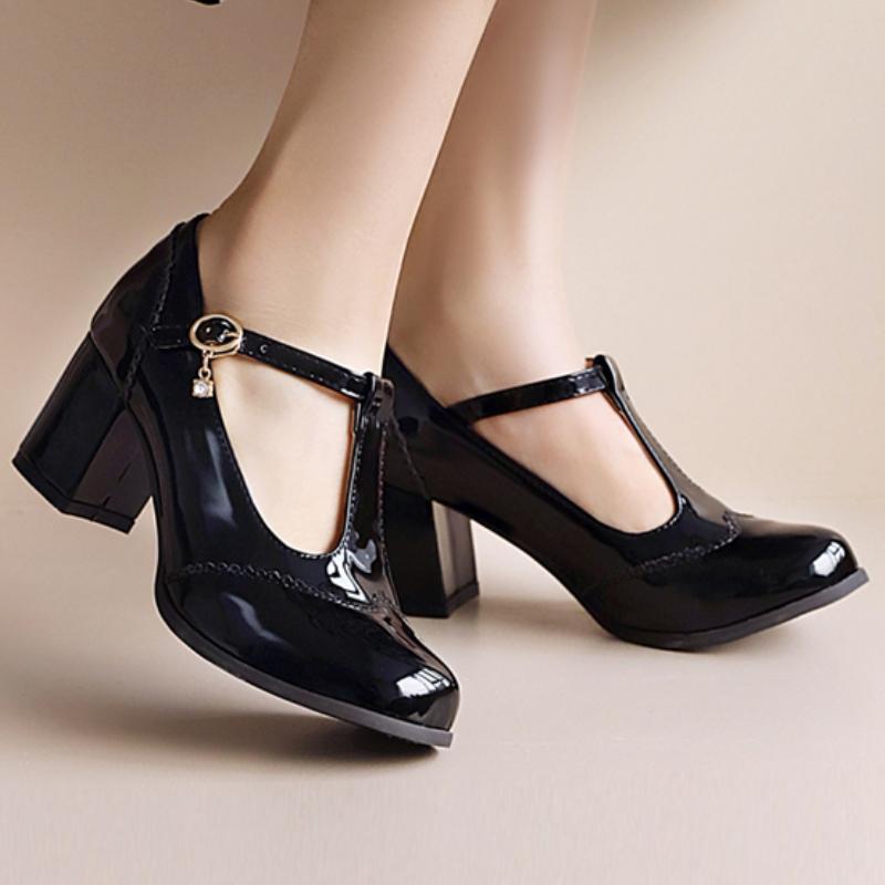 Elegant White Black Block High Heel Women Pumps Mary Janes Shoes Large size 48 Party Office Wedding Dress Shoes Lady Comfortable