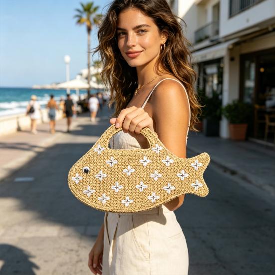 Yousheng Fun Straw Fish Handbag Woven Mini Clutch Tote Summer Beach Bag Novelty Purse for Women Vacation
