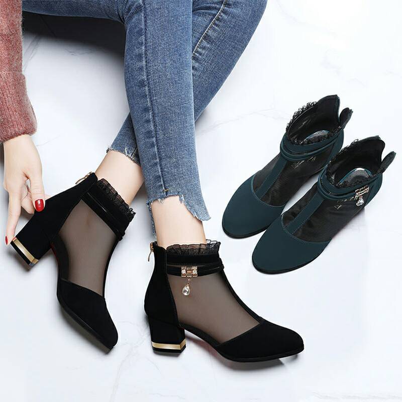 Mesh Women's Shoes Medium Heel Shoes Women's Thick Heel Short Tube Women's Boots Women's Shoes Spring and Autumn New Black Shoes Women's Shoes Women