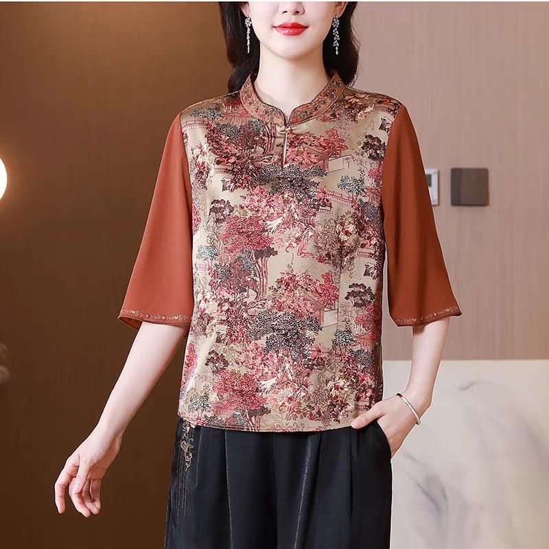 Tang Suit Top Women's New Summer Small Shirt Chinese Style Floral Mid-sleeve Shirt