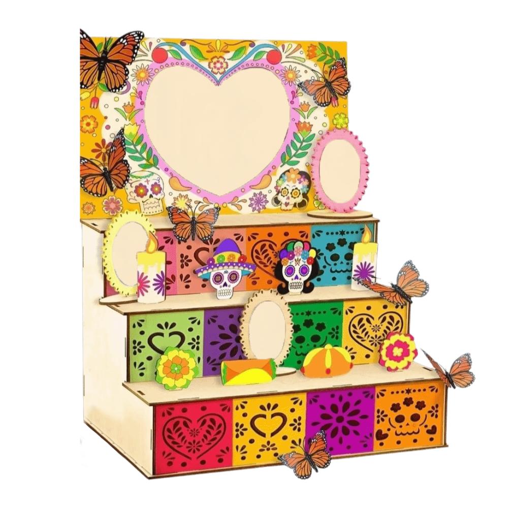 Wooden Mexican Dead Shadow Box Skulls Candles Memorial Display Box Day of The Dead
