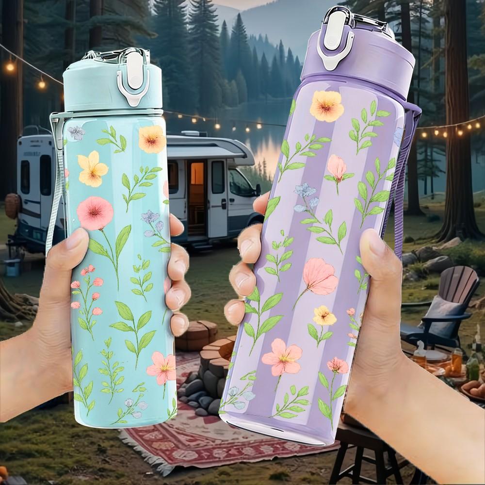 1PC Soft Wild Floral 750ml Color Plastic Sports Water Bottle Leakproof Flip Straw Lid Suitable for Sports Office Home Use