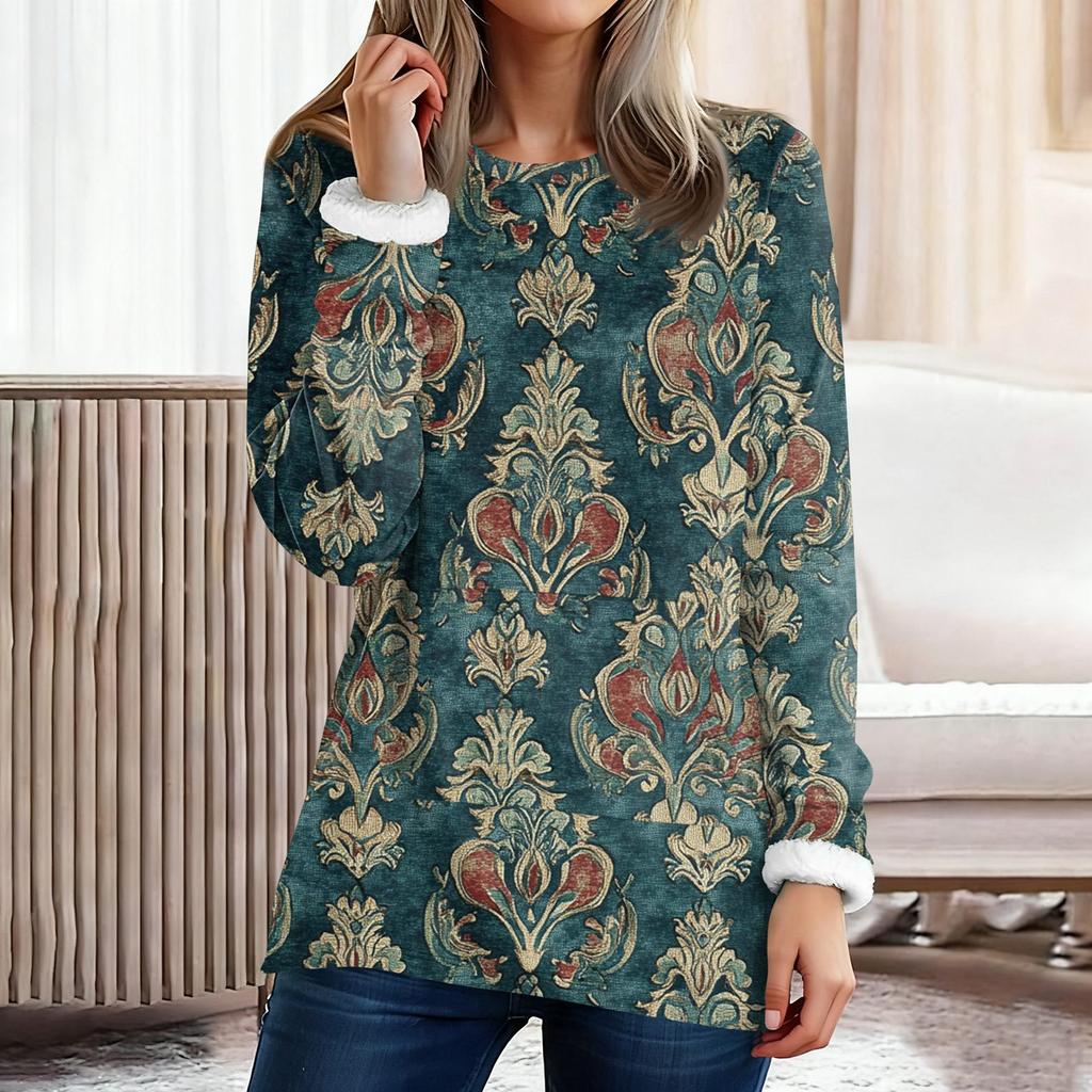 Women's Fashionable Printed Round Neck Long Sleeved Plush Warm Pullover Top