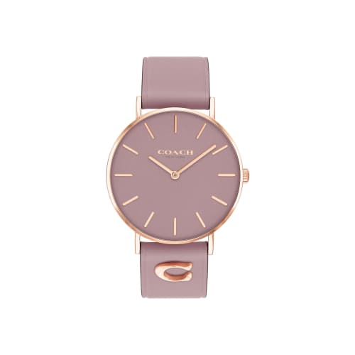 Officially Licensed COACH Women's Perry Watch 14503924, 36mm Rose Gold Case with Purple SIG C Embellishing Dial and Leather Strap