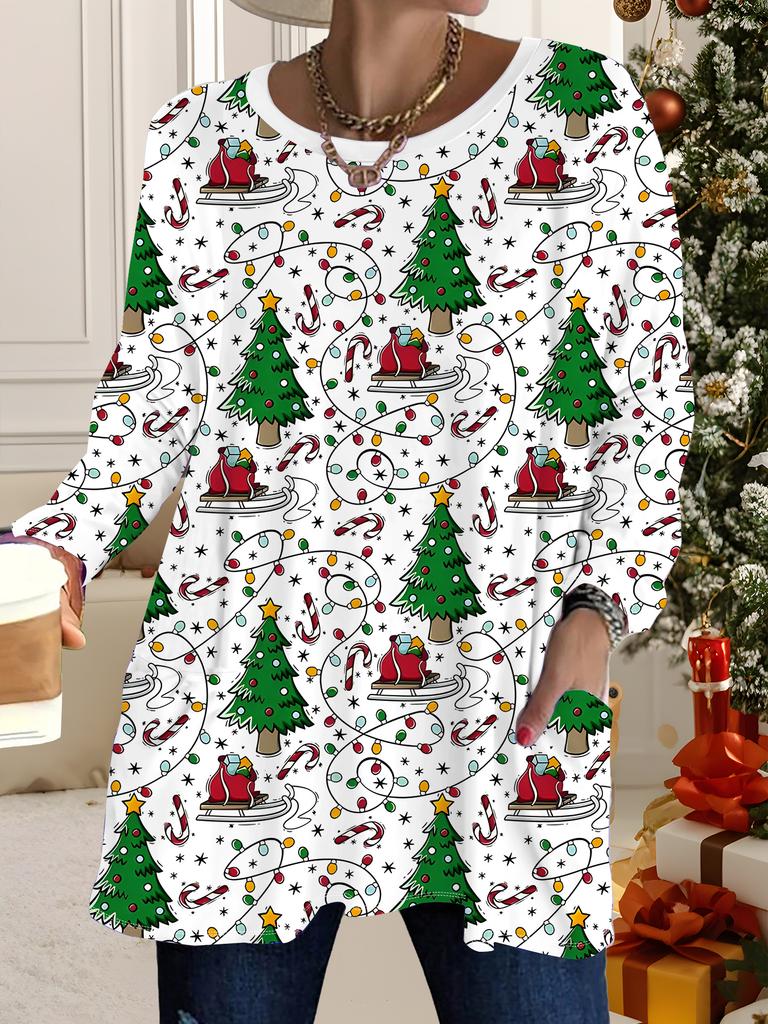 2025 Autumn Winter New Plus Size Women's Tops, Christmas 3D Print Fashion Crew Neck Long Sleeve T-Shirts