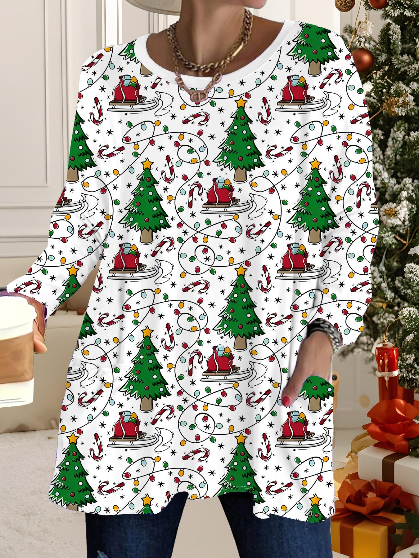

2025 Autumn Winter New Plus Size Women s Tops, Christmas 3D Print Fashion Crew Neck Long Sleeve T-Shirts 6XL белый