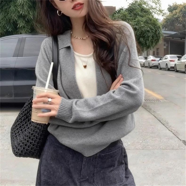 Korean Chic Lapel Long Sleeve Knit Sweater - Women's 2026 Two-Piece Style Fashion for Autumn/Winter