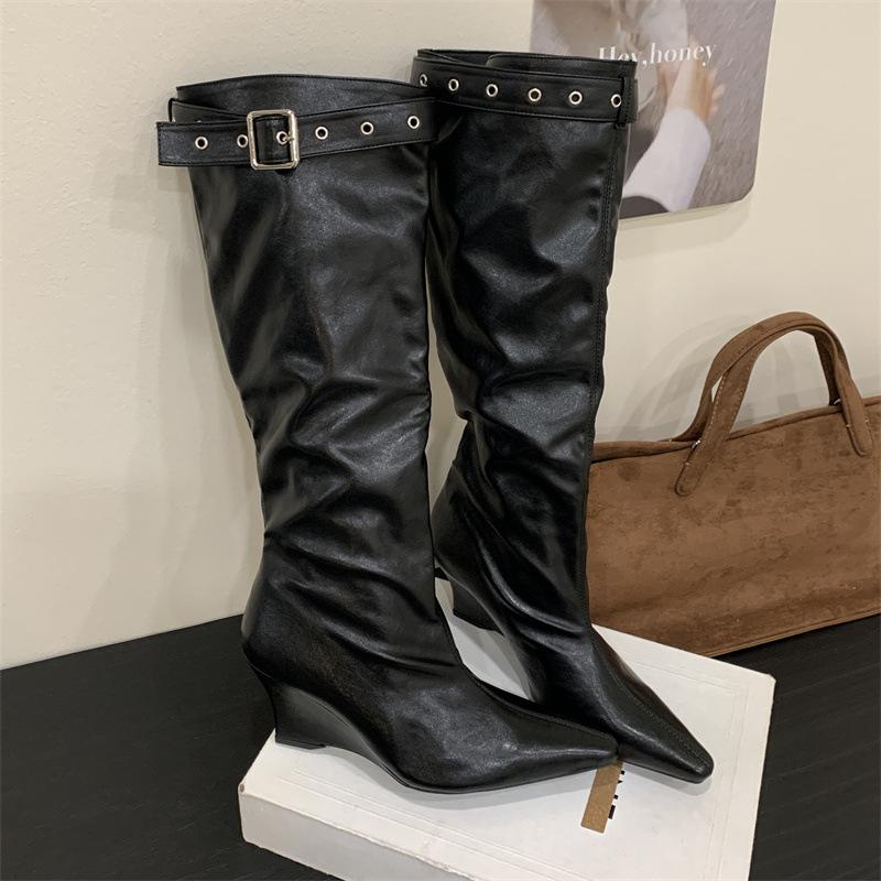 Mi Ting European and American style, belt buckles piled up, thin, pointed toe, slope heel, long boots, light luxury style, but knee boots, long boo