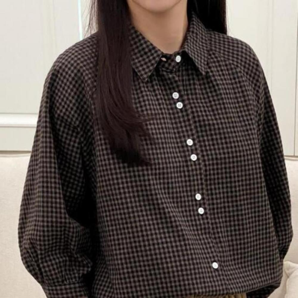 New Arrivals Open Run Women Standard Collar Check Cotton Long Sleeve Blouse