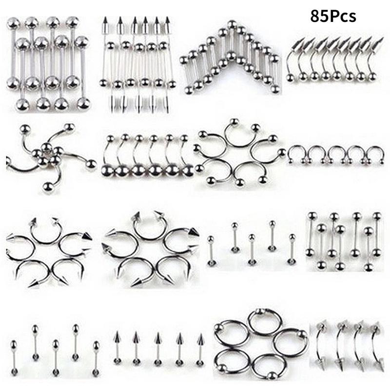 85PCS/Set Stainless Steel Eyebrow Bar Tongue Lip Nose Pircing Ear Studs Stainless Steel Mixed Body Jewelry Fashion Piercing Set