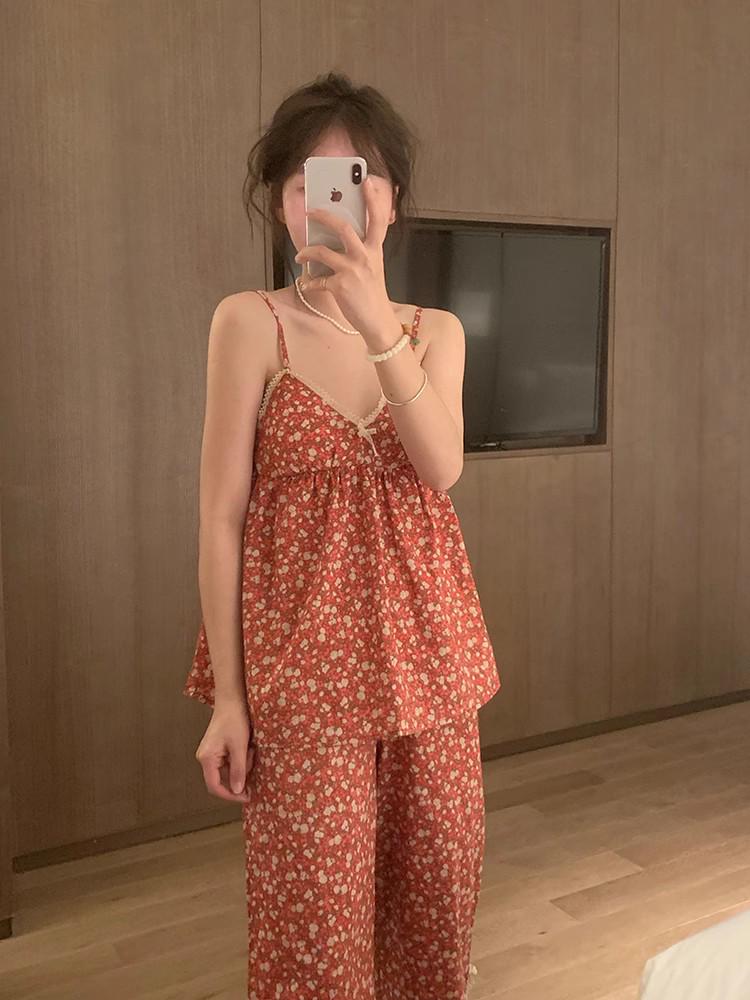 2023 Summer Women's Retro Floral Spaghetti Strap Long Pants Pajamas