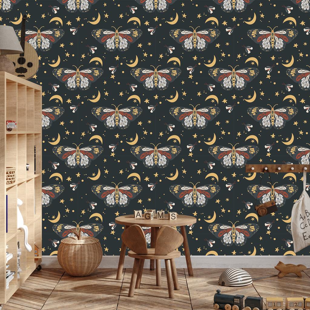 Rainbows and Butterflies Boho Wallpaper, Turquoise and Graphite, for Living Room and Bedroom, 50x1000
