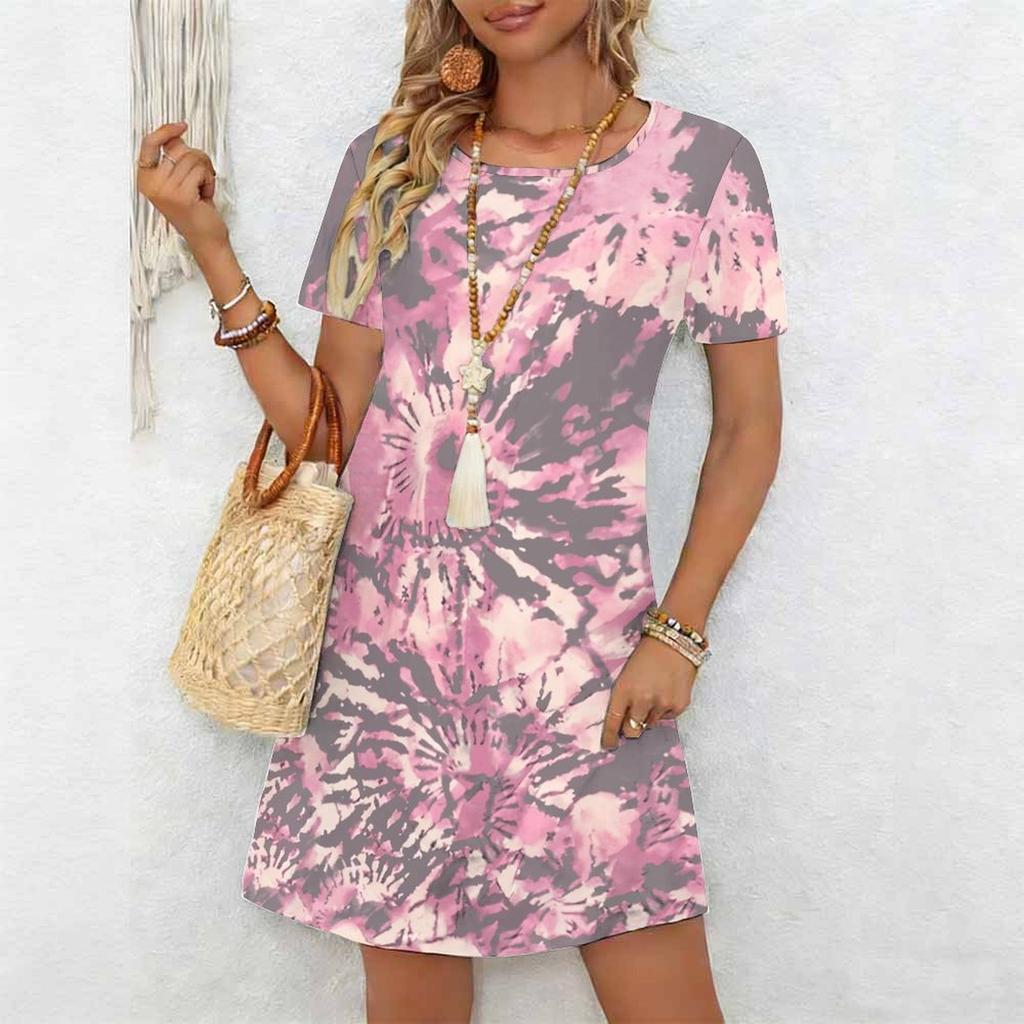 Ladies Plus Size Short Sleeve Crew Neck Dress Soft Floral Art Print Loose Gown For Summer Daily Commute