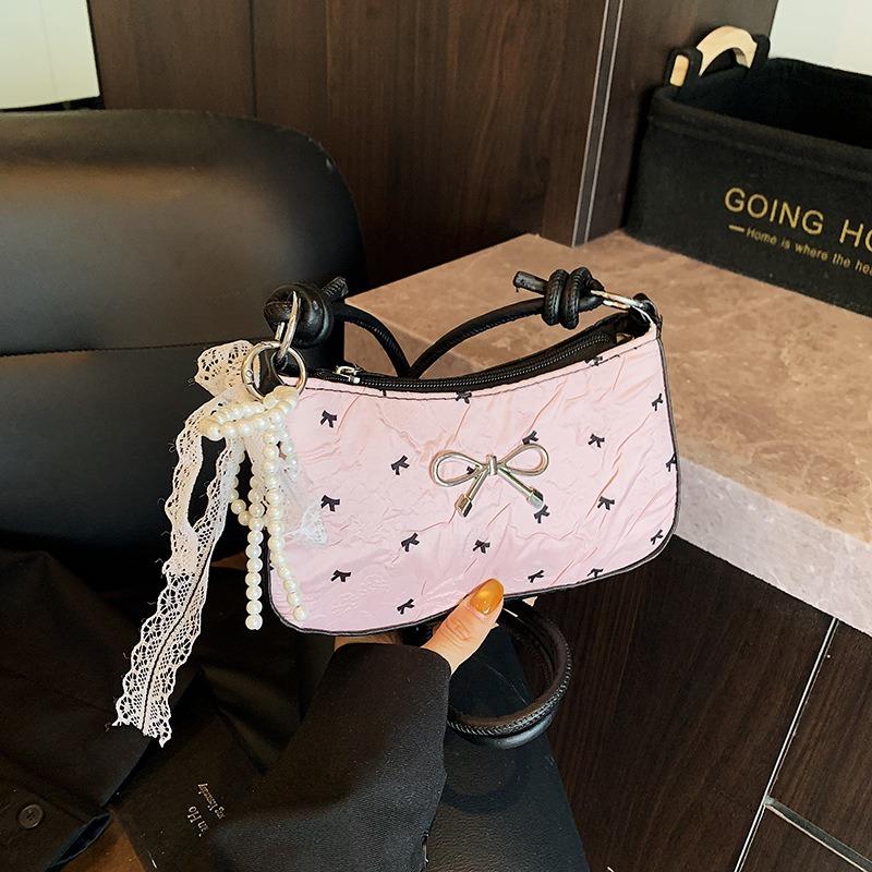 Premium Light Luxury Shoulder Bag Summer New Pink Cute Bow Small Square Bag Versatile Crescent Armpit Bag Women