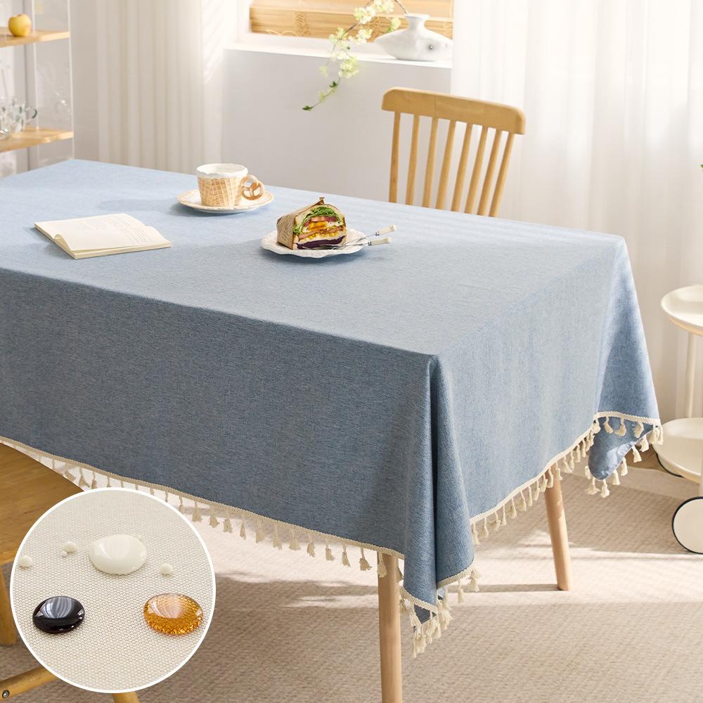Solid Color Cotton Thread Tassel Tablecloth Heat-proof Waterproof Stain Resistant Coffee Table Cloth Rectangular Desktop Protective Cloth 1pcs
