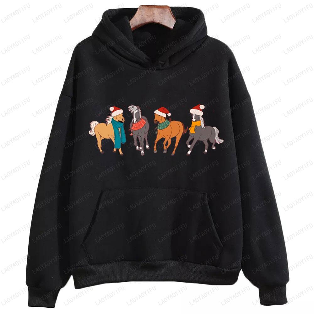 

Лошади в рождественской шапке Санты Толстовка Женская Мужская Одежда Осень Зима Худи Любитель Лошадей Фермерские Животные Рождественский Свитер Подарок XL